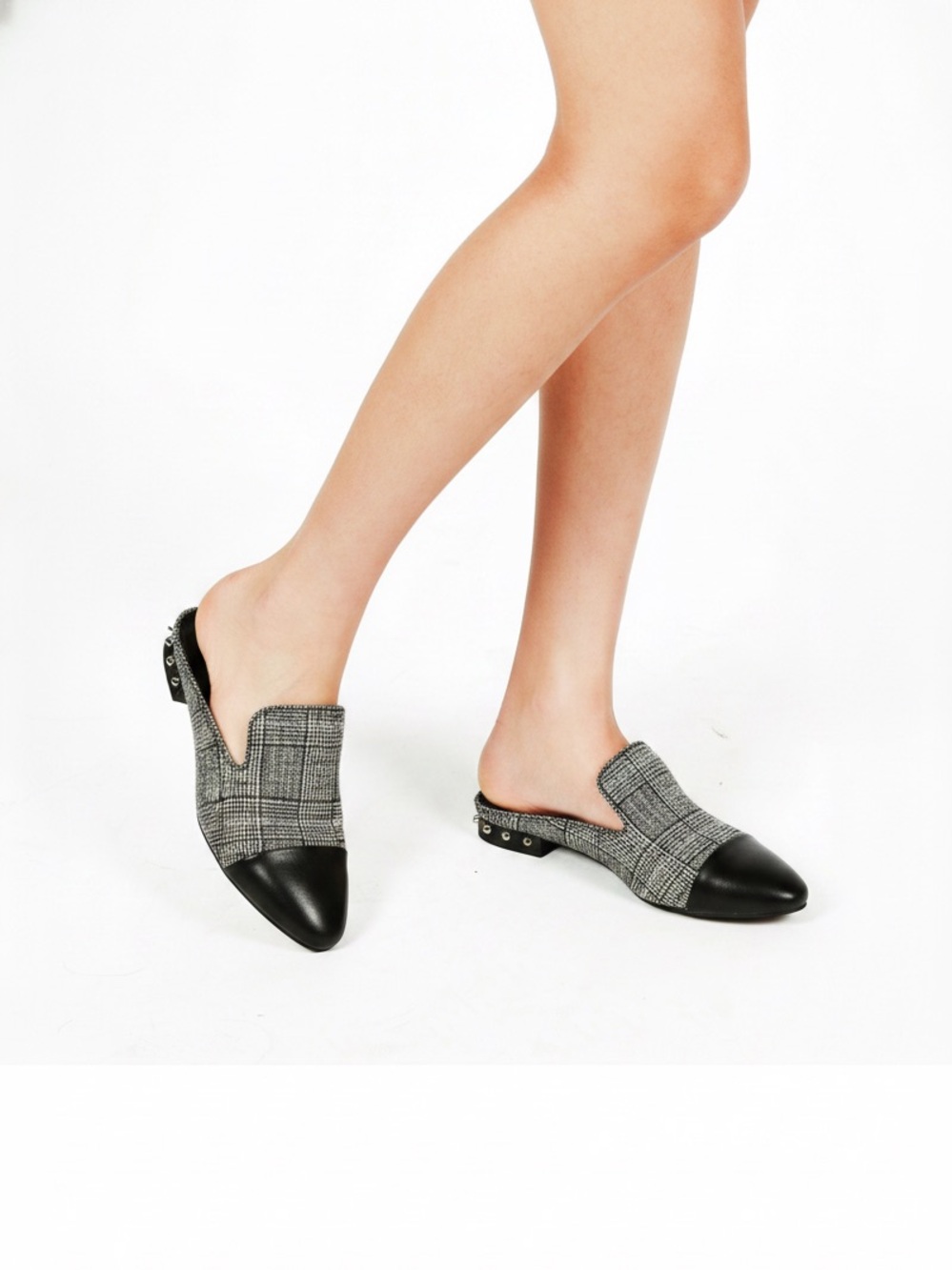Marc Fisher Analise 3 Plaid Tweed & Leather Cap Toe Studded Mules — Size 7.5